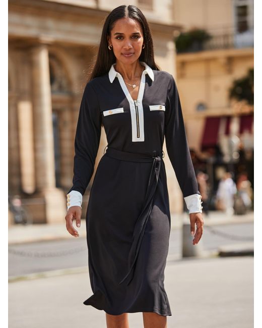 Sosandar Black Contrast Trim Belted Dress