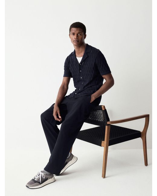 Next Blue Regular Fit 100% Cotton Short Sleeve Cuban Collar Knit Pointelle Shirt for men