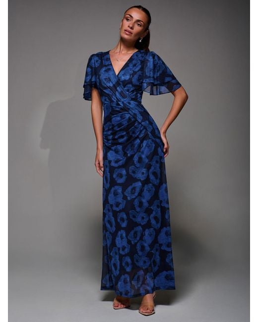 Jolie Moi Blue Angel Sleeve Draped Mesh Maxi Dress