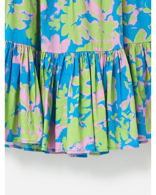 Oliver Bonas Blue 100% Cotton Luminous Floral Tiered Midi Skirt