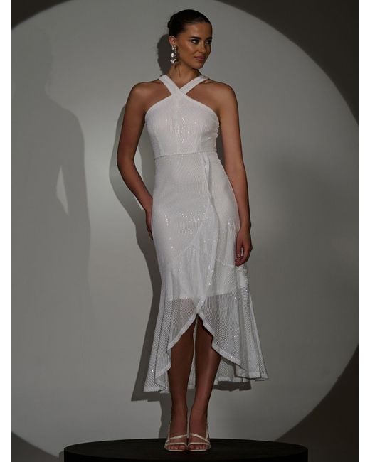 Jolie Moi Gray Sequin Cross Neck Frill Wrap Hem Maxi Dress