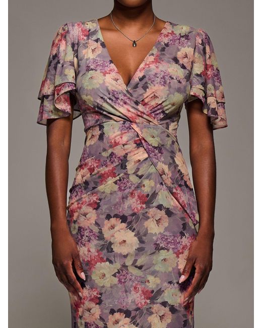 Jolie Moi Women's Gray Print Mesh Angel Sleeve Bodycon Midi Dress