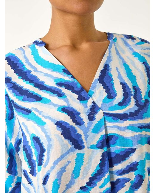 Roman Blue Animal Print Pleated Tunic Top