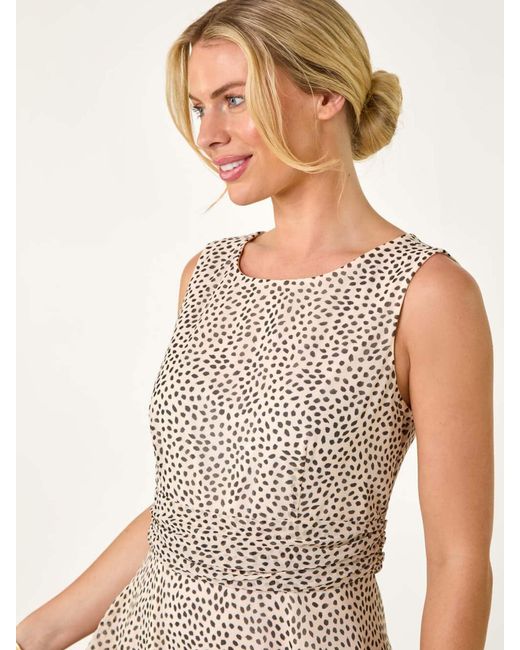 Roman Natural Petite Spot Print Ruched Waist Midi Dress