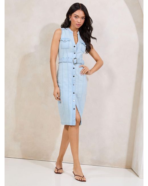 Lipsy Blue Sleeveless Denim Belted Shirt Dress