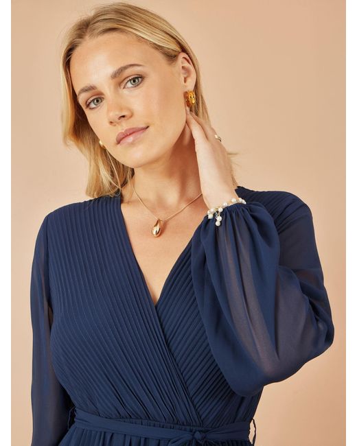 Yumi' Blue Pleated Wrap Midi Dress With Sheer Long Sleeves