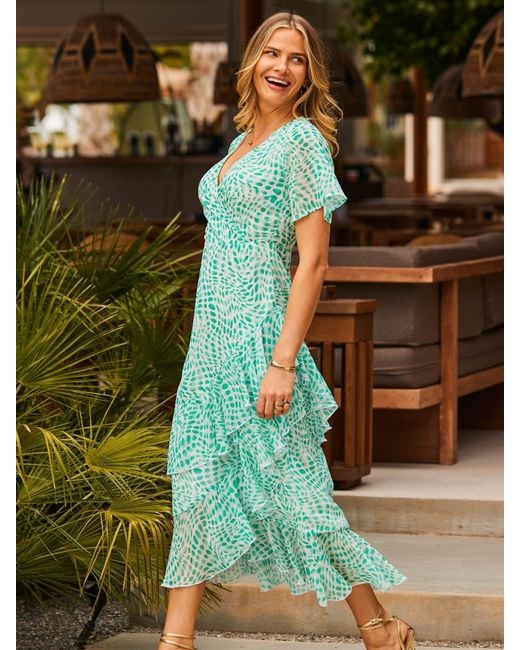 Sosandar Green Petite Abstract Print Layered Hem Angel Sleeve Maxi Dress