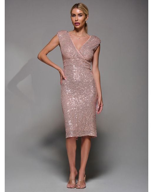 Jolie Moi Gray Wrap Bodice Sequin Midi Dress