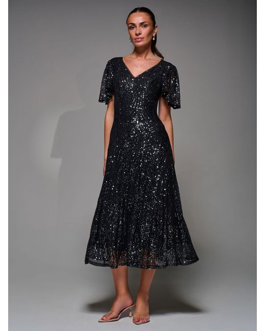Jolie Moi Black Sequin Angel Sleeve Fit & Flare Midaxi Dress