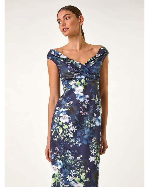 Roman Blue Floral Print Bardot Stretch Midi Dress