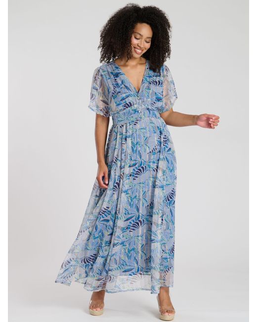 South Beach Blue Printed Metallic Chiffon Button Detail Maxi Dress