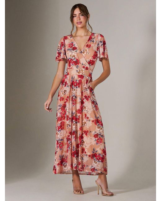 Jolie Moi Red Floral Print Mesh Wrap Maxi Dress