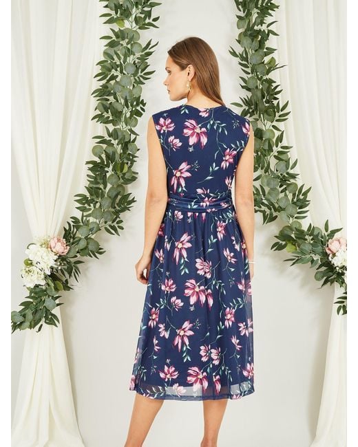 Yumi' Blue Floral Print Mesh Stretch Midi Dress With Pockets