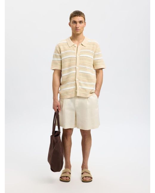 SELECTED Natural Crochet Button Through Polo Top for men