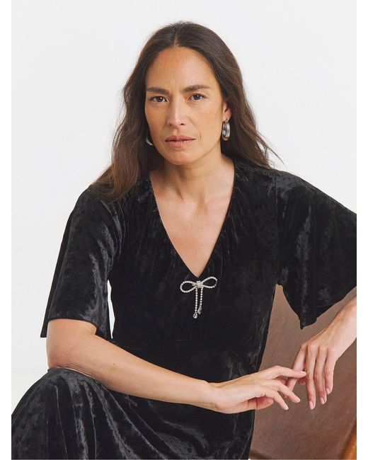 JD Williams Black V-Neck Short Sleeve Bow Crushed Velvet Dress