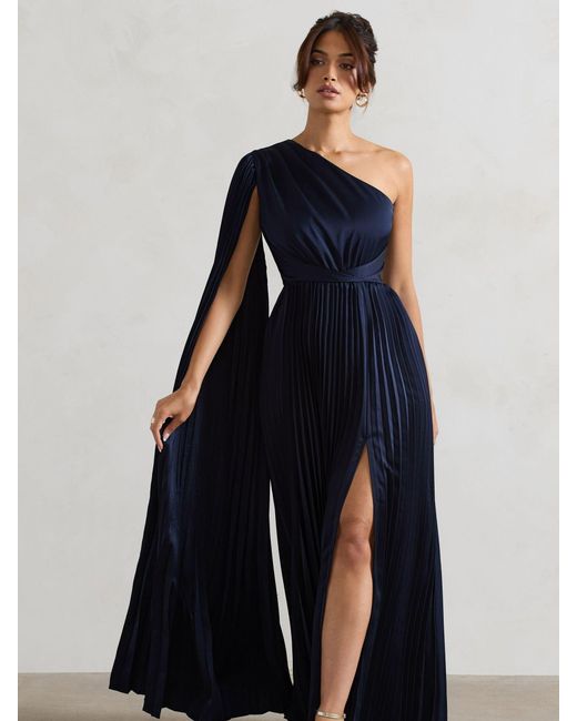 Club L London Blue My Vision Plisse Asymmetric Split Maxi Dress With Cape Sleeve