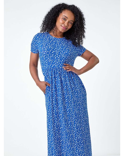 Roman Blue Petite Spot Print Stretch Midi Dress