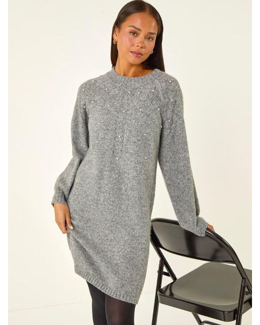 Roman Women's Gray Petite Faux Pearl Knit Dress - www.rajagirimanappuram.com