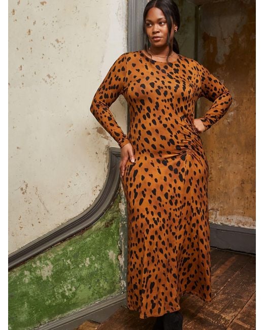 Live Unlimited Women's Brown Curve Animal Print Ruched Jersey Dress