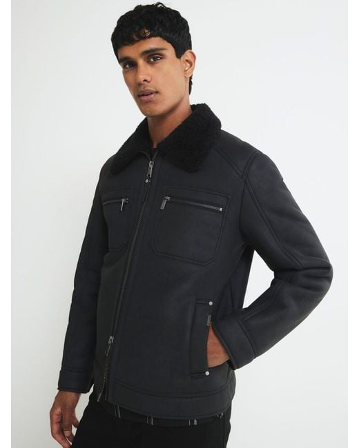 River Island Black Nubuck Zip-Up Shearling Jacket for men