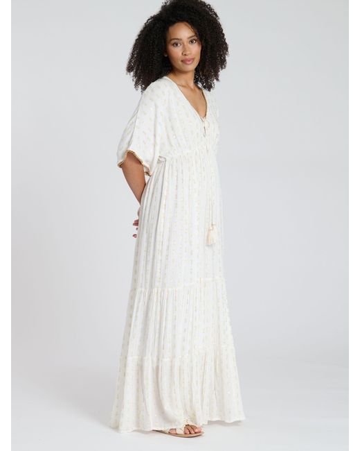 South Beach White Metallic Jacquard Spot Tiered Maxi Dress