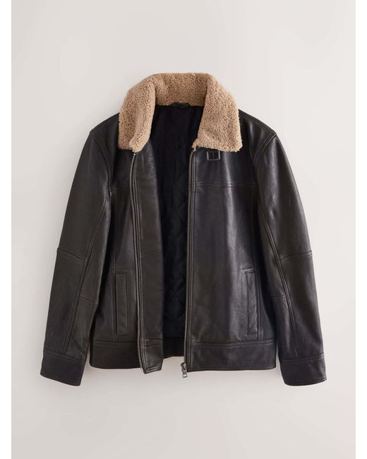 Next Black Shearling Collar Leather Jacket for men