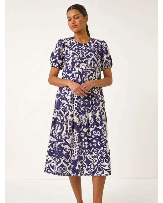 Roman White Abstract Print Midi Shirt Dress
