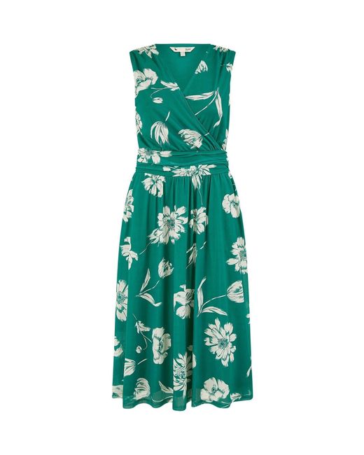 Yumi' Green Floral Print Stretch Mesh Dress With Pockets