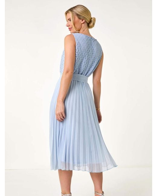 Roman Blue Petite Lace Pleat Midi Dress