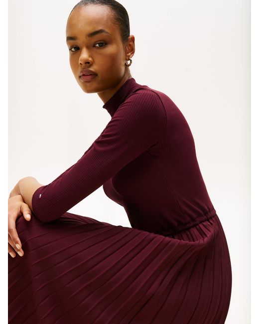 Tommy Hilfiger Pleated Midi Fit And Flare Dress in Red | Lyst