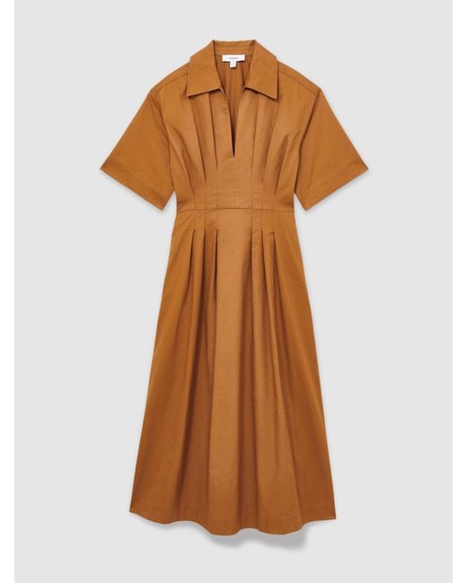 Reiss Brown Aubrey Cotton Pleated-Waist Midi Dress