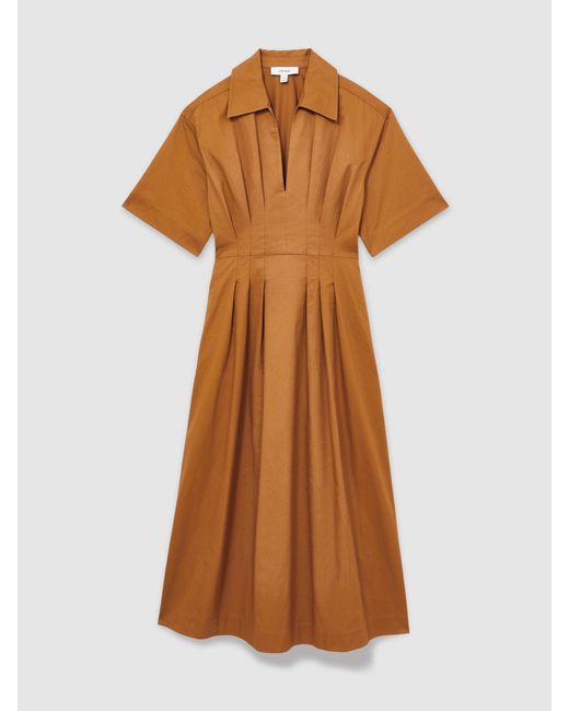 Reiss Women's Brown Aubrey Cotton Pleated-Waist Midi Dress Reiss Women's Brown Aubrey Cotton Pleated-Waist Midi Dress