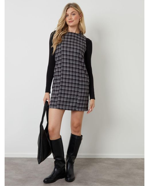 Threadbare Mini Check A-Line Pinafore Dress in Black | Lyst