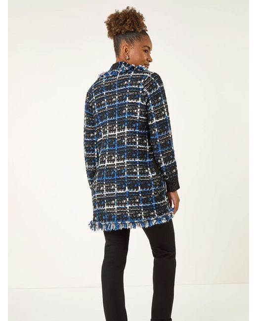Roman Blue Checkered Fringe Knit Cardigan