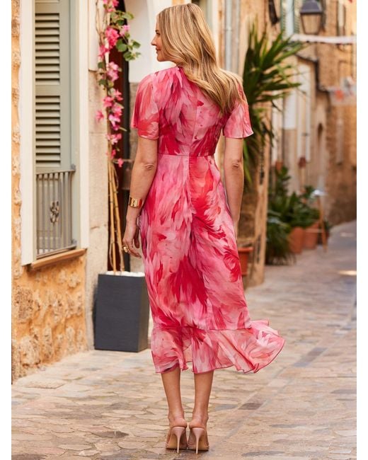 Sosandar Pink Petite Feather Print Wrap Dress