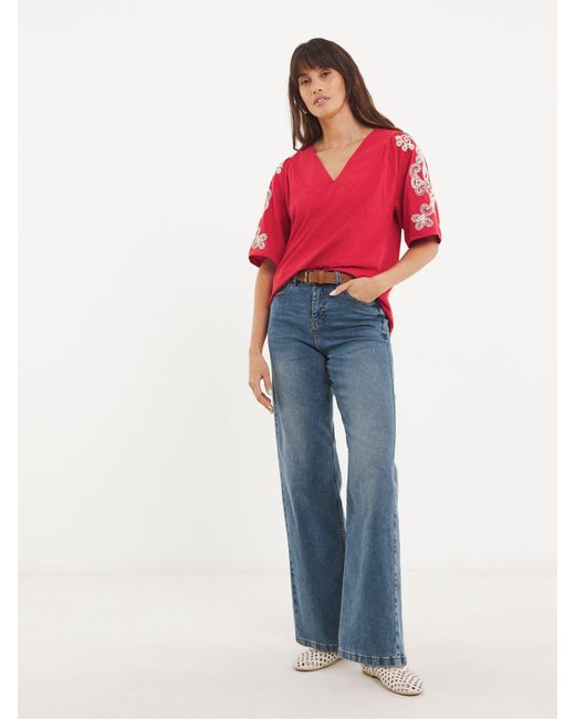 JD Williams 100% Cotton V-Neck Embroidered Sleeve Top