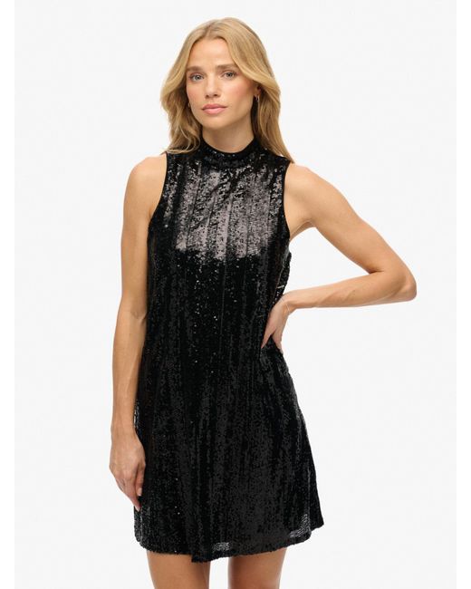 Superdry Sl Sequin A Line Mini Dress in Black