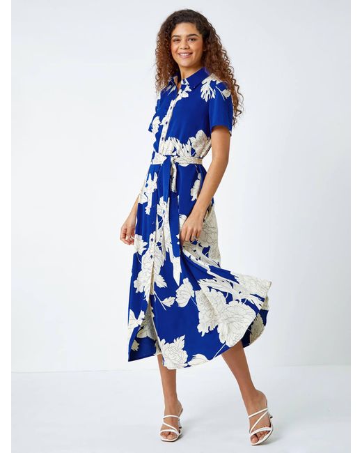 Roman Blue Contrast Floral Print Shirt Dress