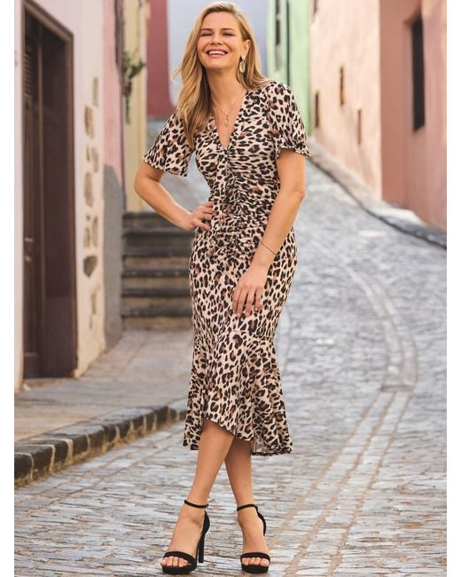 Sosandar Brown Leopard Print Ruched Detail Dress