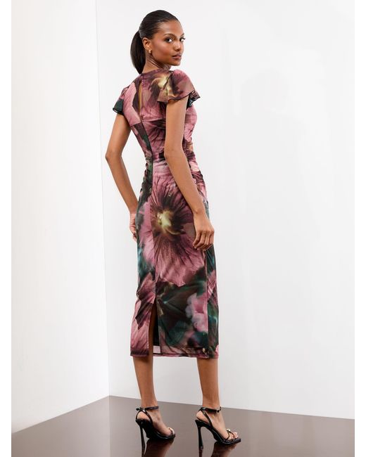 Lipsy White Petite Mesh Ruched Detail Flutter Sleeve Midi Dress