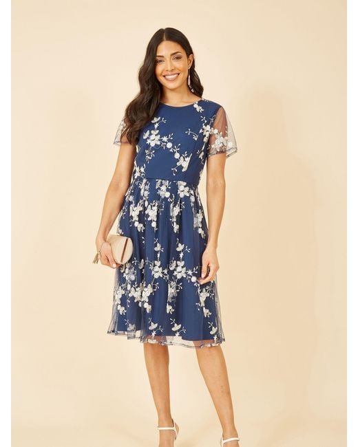 Yumi' Blue Embroidered Floral Skater Dress