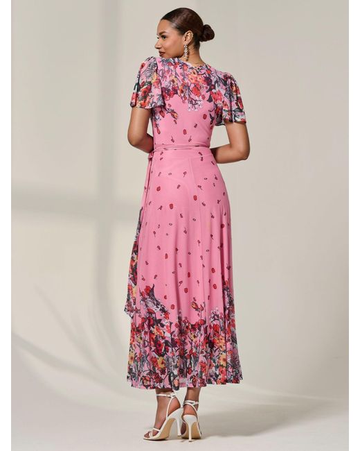 Jolie Moi Pink Floral Mirror Mesh Wrap Maxi Dress