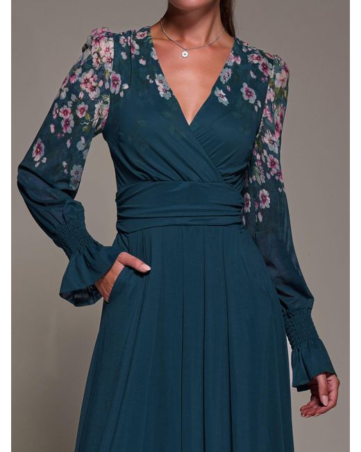 Jolie Moi Blue Mirrored Print Long Sleeve Mesh Maxi Dress