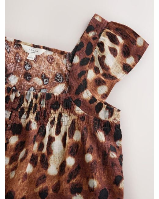 Next Brown Flutter Sleeve Button Front Top With Linen