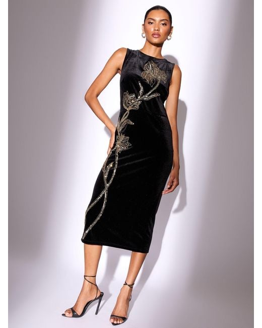 Lipsy Black Velvet Embellished Sleeveless Column Midaxi Dress