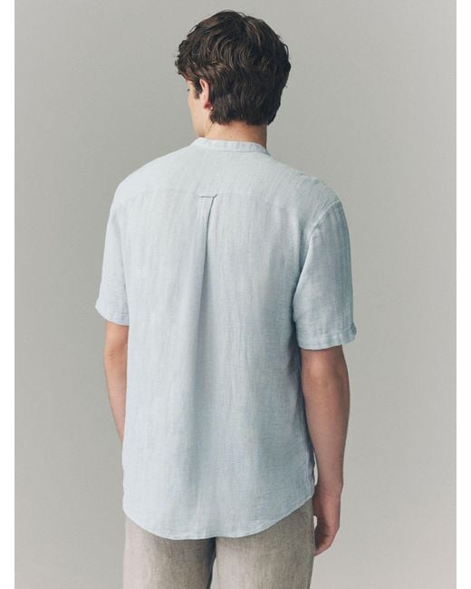 Next Blue Grandad Collar Cotton Linen Blend Short Sleeve Shirt for men