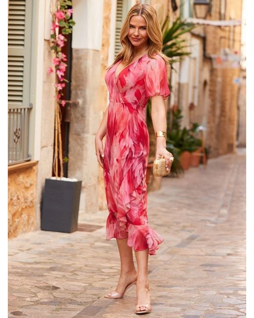 Sosandar Pink Petite Feather Print Wrap Dress