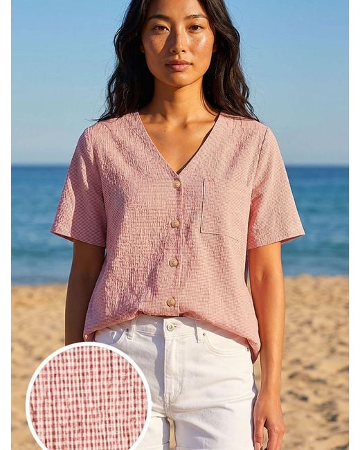 Roman Pink Petite Gingham Buttoned Top