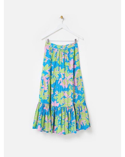Oliver Bonas Blue 100% Cotton Luminous Floral Tiered Midi Skirt