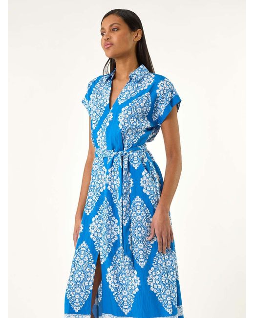 Roman Blue Geometric Print Belted Shirt Midi Dress
